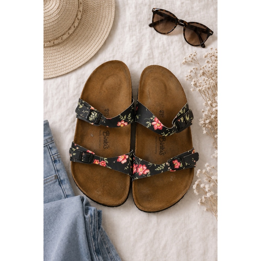 Birki's Women's Floral Print Two Strap Cork Footbed Sandals US Size 9/9.5 EU‎ 40
